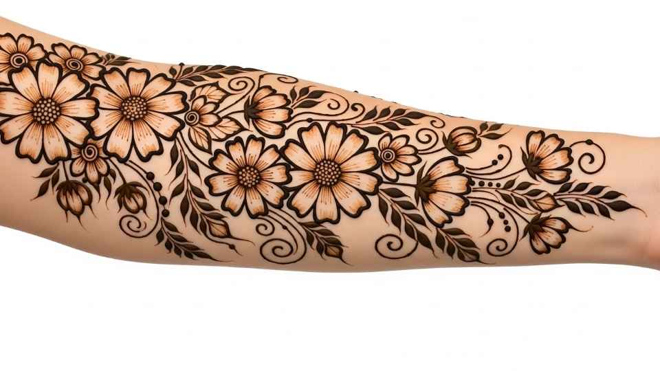 A large and intricate cosmos flower henna bouquet cascading down a woman's forearm