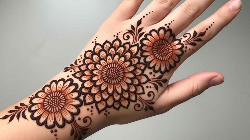 A substantial cluster of two or three chrysanthemum mehndi flowers covering a patch on the back of the hand.