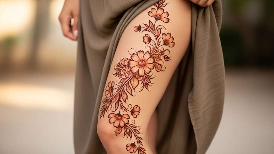 A long, bold henna vine of cosmos flowers trailing up a woman's thigh.