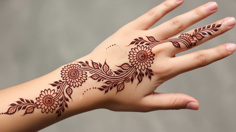 A delicate vine of chrysanthemum mehndi trailing gracefully from the wrist to the middle finger.