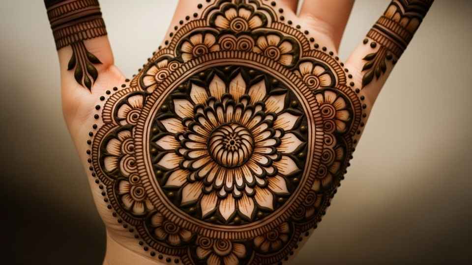An intricate mandala mehndi design with a beautiful chrysanthemum flower at its sacred center.