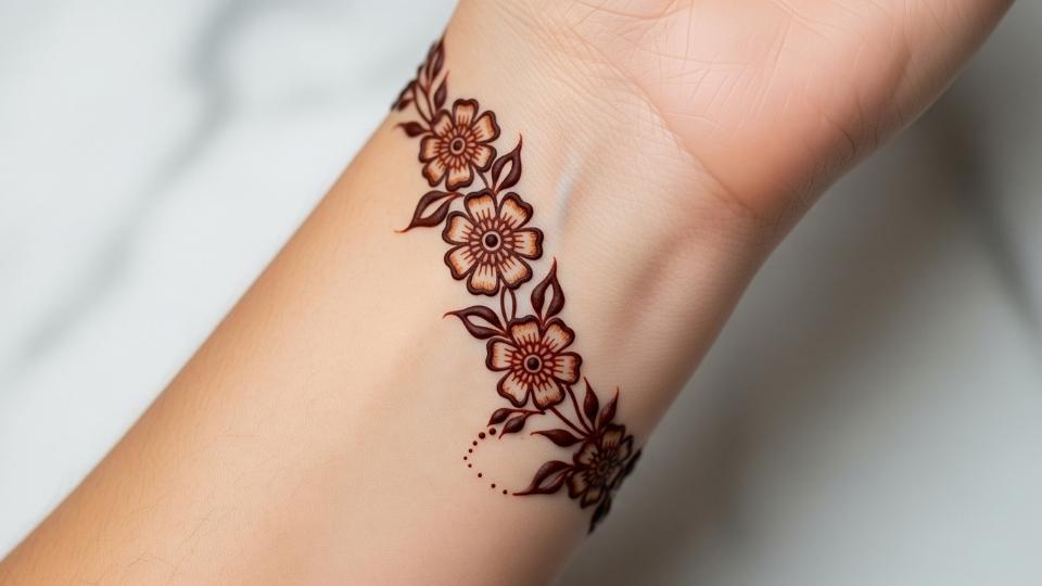A delicate minimalist cosmos flower henna vine design on a woman's wrist