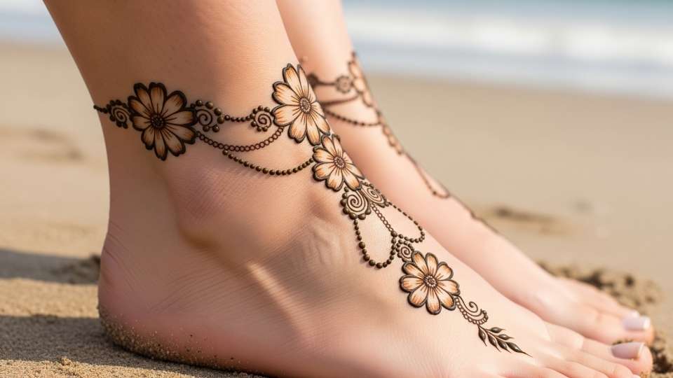 An elegant henna design of a fine cosmos flower chain wrapping around a woman's ankle