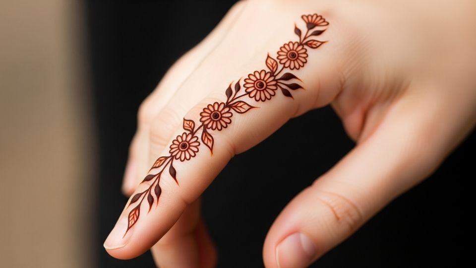 A simple and delicate vine of tiny chrysanthemums and leaves wrapping elegantly around a single finger.