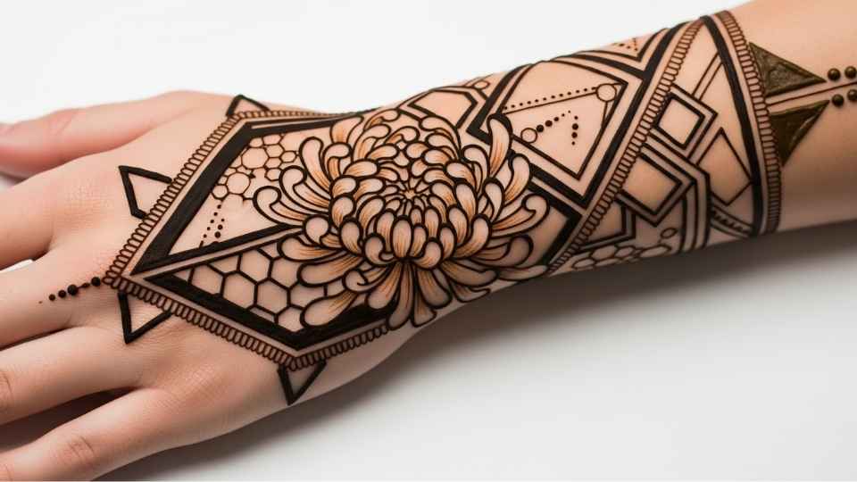 A modern and edgy mehndi design combining the soft curves of chrysanthemum petals with sharp geometric lines.