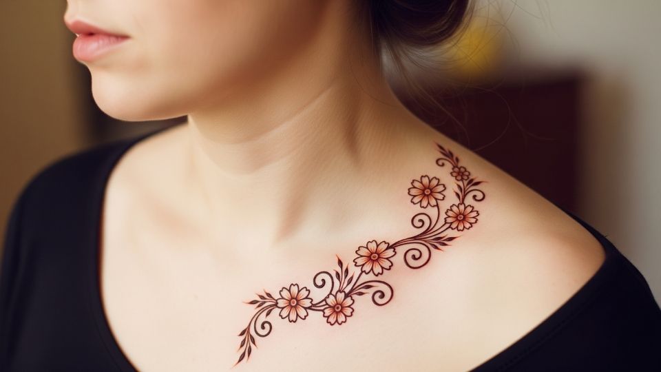 A graceful henna vine of cosmos flowers tracing a woman's collarbone.