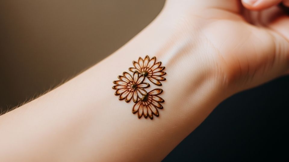 A very subtle and minimalist mehndi design showing just a few chrysanthemum petals on the side of a wrist.