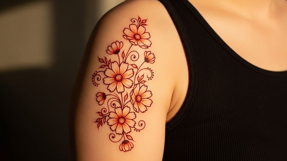 A playful cluster of cosmos flower henna blooms on a woman's shoulder, peeking from under a top