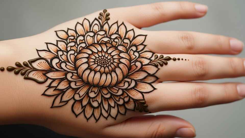 A single, large, and intricately detailed chrysanthemum mehndi bloom in the center of the back of a hand.