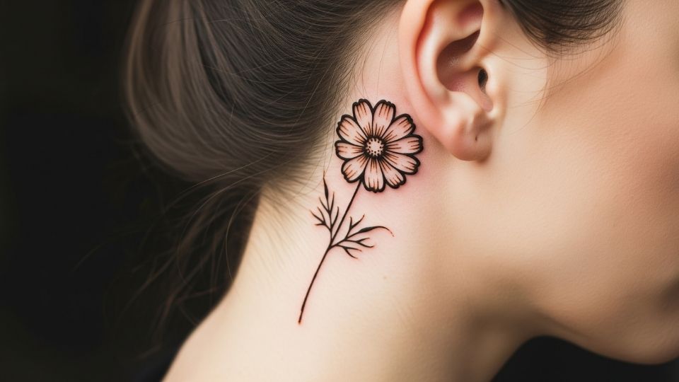 A subtle and tiny cosmos flower henna design tucked behind a woman's ear.