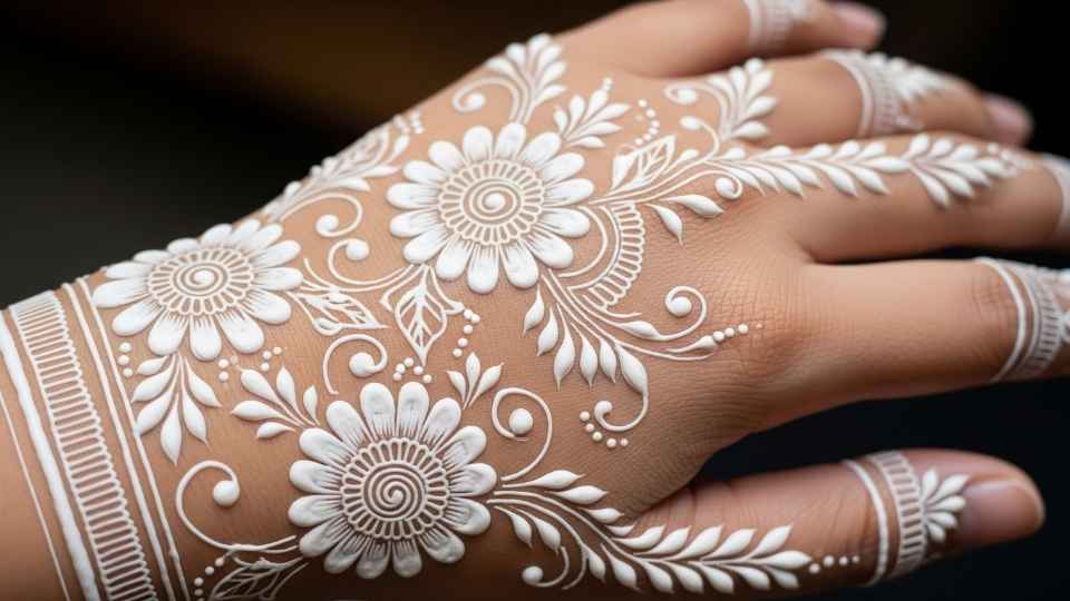 An ethereal and magical white henna design featuring a Gul daudi (chrysanthemum) pattern on skin.