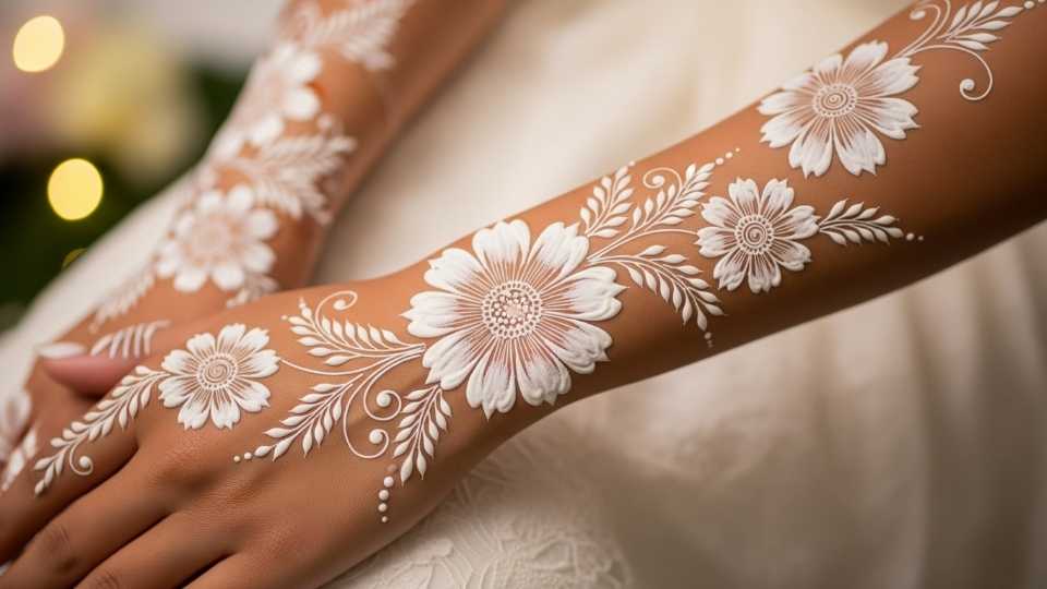 A beautiful cosmos flower design created with ethereal white henna on a bride's hand.